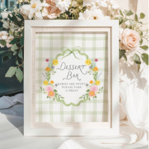 Bloemenschildering Groene Gingham Baby Shower Dess Poster