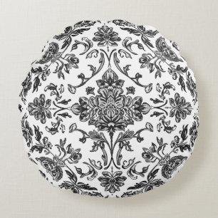 Bloemenschildering in Chinoiserie-stijl Zwart & Wi Rond Kussen