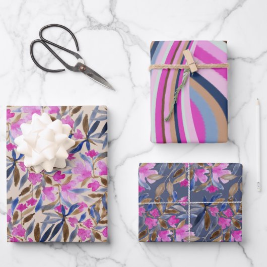 Bloemenschildering in roze Venetiaans blauw ceder Inpakpapier Vel (Voorkant)