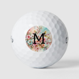 Bloemenschildering in waterverf met monogram roze  golfballen