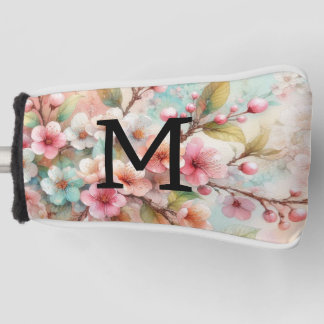 Bloemenschildering in waterverf met monogram roze  golfheadcover