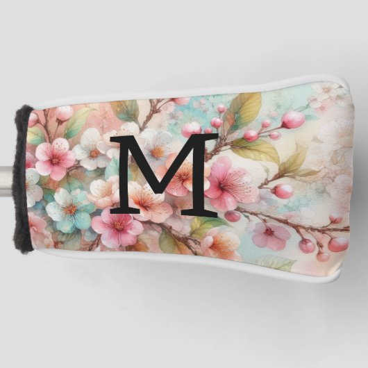 Bloemenschildering in waterverf met monogram roze golfheadcover (Voorkant)