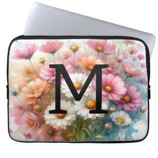 Bloemenschildering in waterverf met monogram roze laptop sleeve
