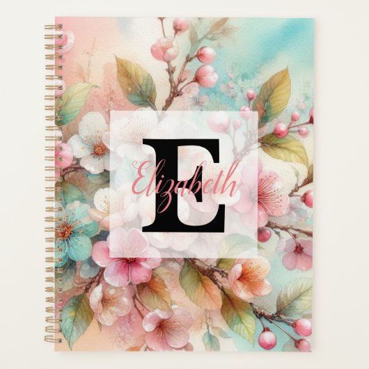 Bloemenschildering in waterverf met monogram roze planner (Voorkant)