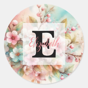 Bloemenschildering in waterverf met monogram roze ronde sticker
