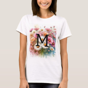 Bloemenschildering in waterverf met monogram roze t-shirt