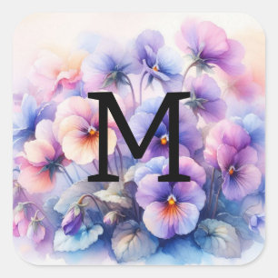 Bloemenschildering in waterverf met monogram roze vierkante sticker