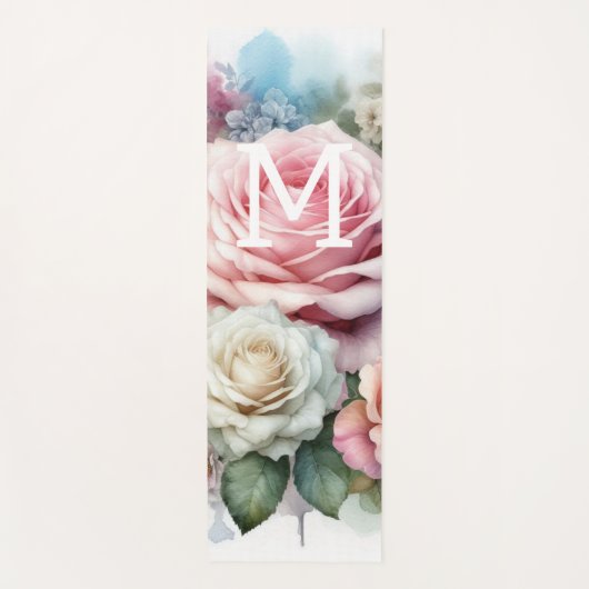Bloemenschildering in waterverf met monogram roze yogamat (Voorkant)