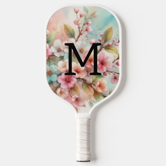 Bloemenschildering in waterverf monogram roze kers pickleball paddle (Voorkant)