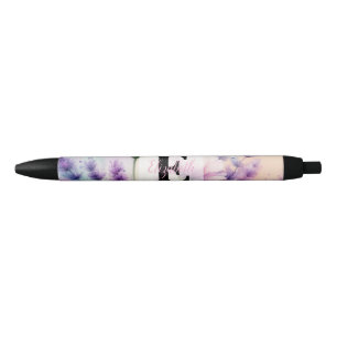 Bloemenschildering in waterverf monogram roze paar zwarte inkt pen