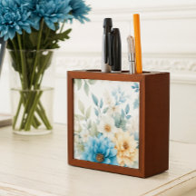 Bloemenschildering in waterverf pastelblauw bureau