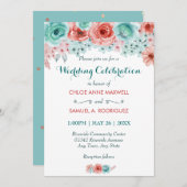 Bloemenschildering Koraalroze Aqua Elegant Trouwen Kaart (Voorkant / Achterkant)