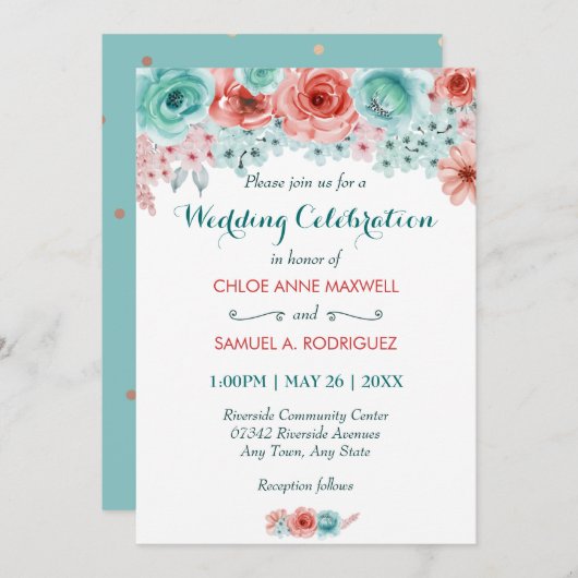 Bloemenschildering Koraalroze Aqua Elegant Trouwen Kaart (Voorkant / Achterkant)