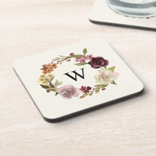 Bloemenschildering Krans Monogram Beige Bier Onderzetter