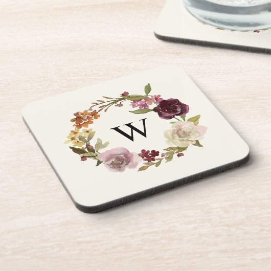 Bloemenschildering Krans Monogram Beige Bier Onderzetter (Linkerzijde)