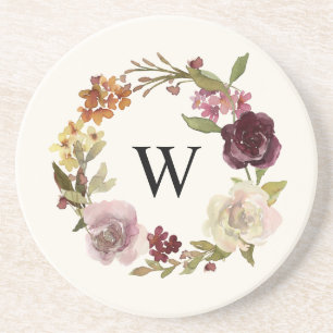 Bloemenschildering Krans Monogram Beige Zandsteen Onderzetter