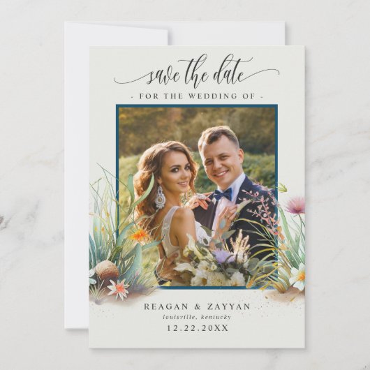 Bloemenschildering strandtafereel foto save the da save the date (Voorkant)