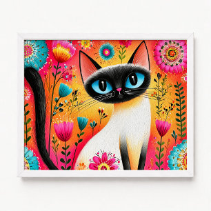 Bloemenschildering van een Siamese kat in roze en  Poster