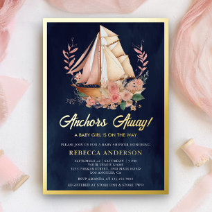 Bloemenschip Maritiem Meisje Baby Shower Navy Goud Folie Uitnodiging