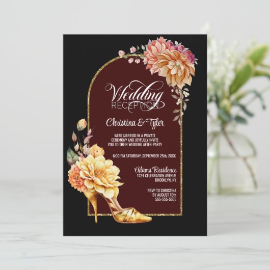 Bloemenschoen met hoge hak Zwarte boog Trouwrecept Kaart (Staand voorkant)