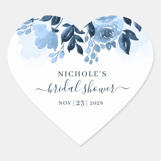 Bloemenschrift in waterverf Navyblauw Bruidsdouche Hart Sticker (Voorkant)