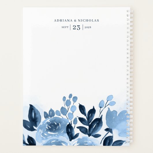 Bloemenschrift Waterverf Navyblauw Bruiloft Planner (Achterkant)