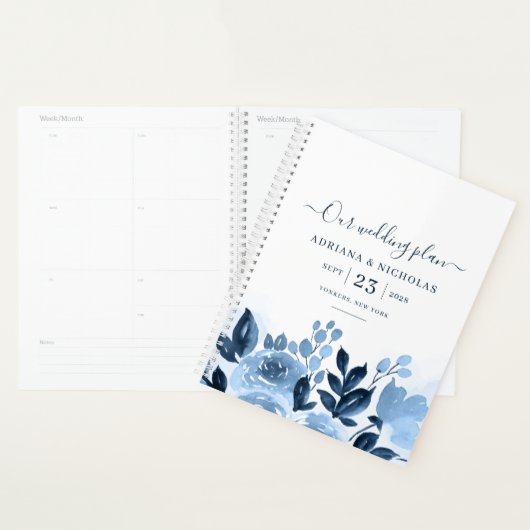 Bloemenschrift Waterverf Navyblauw Bruiloft Planner (Display)