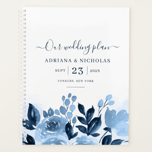 Bloemenschrift Waterverf Navyblauw Bruiloft Planner (Voorkant)