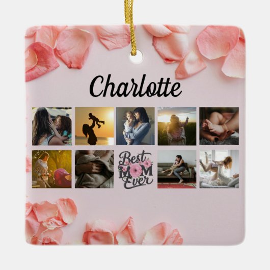 Bloemenscript Beste mam ooit roze foto collage Keramisch Ornament (Voorkant)