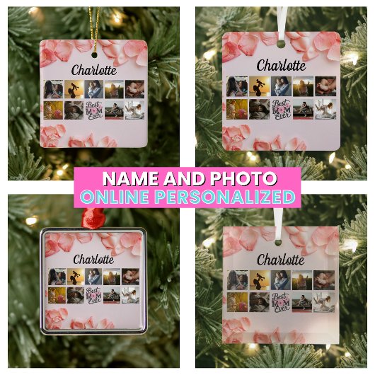 Bloemenscript Beste mam ooit roze foto collage Keramisch Ornament