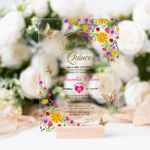 Bloemensiera zwart gouden tiara vlinder Mis Quince Acryl Uitnodigingen