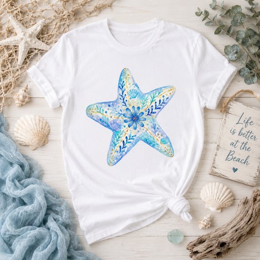 Bloemensierde aardewerk kunst zeester t-shirt
