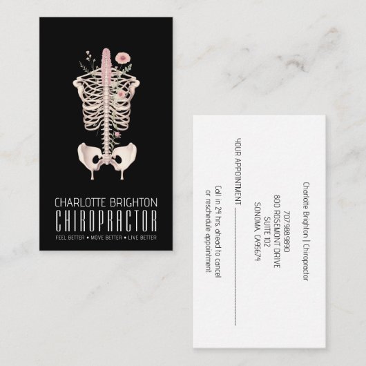 Bloemenskelet Chiropractor Zwart Afspraak & Visitekaartje (Voorkant / Achterkant)