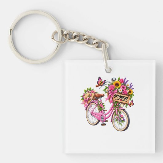 Bloemensleutelhanger 'Optimisme' – Roze fiets met Sleutelhanger (voorkant)