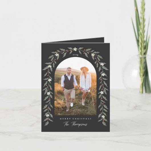 Bloemenslinger Gebogen Foto Zwarte Kerstkaart Feestdagen Kaart (Voorkant)
