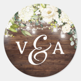 Bloemenslinger Lichtjes Monogram Huwelijkssticker Ronde Sticker