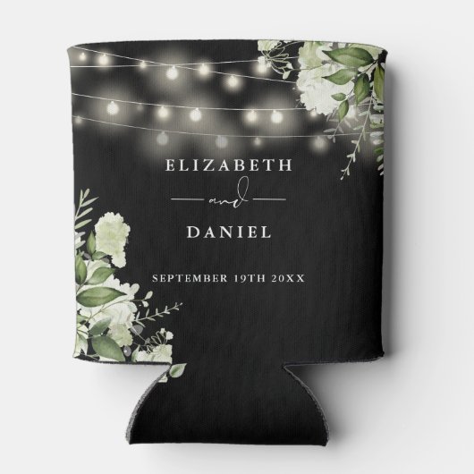 Bloemenslingerlampjes Zwart-Wit Bruiloft Blikjeskoeler (Achterkant)