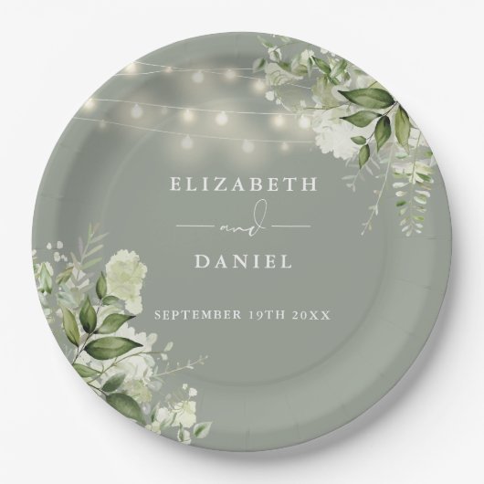 Bloemenslingerlichten in saliegroen voor de bruilo papieren bordje (Voorkant)