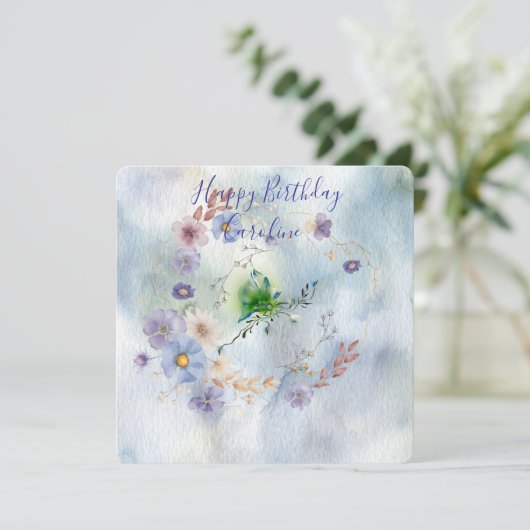 Bloemenslingers en grillige verjaardagsuitnodiging (Staand voorkant)