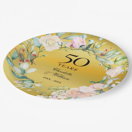 Bloemenslingers Gouden Folie 50ste Huwelijksverjaa Papieren Bordje (Gekanteld)