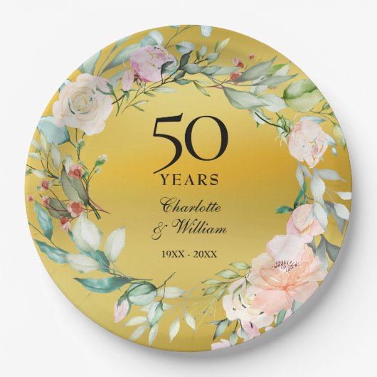 Bloemenslingers Gouden Folie 50ste Huwelijksverjaa Papieren Bordje (Voorkant)