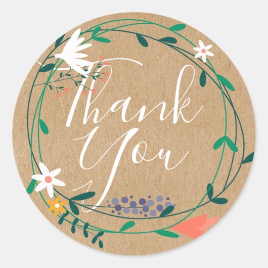 Bloemenslingerscript Bedankt Rustieke Kraft Boho Ronde Sticker (Voorkant)
