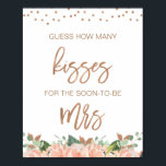 Bloemensprouwdag Schat Hoeveel Kusjes Poster<br><div class="desc">Bloemensprouwdag Schat Hoeveel Kusjes Poster

Deze kaart voor de bruidssprouwdag om te schatten hoeveel kusjes er zijn,  bevat een bloemschildering in tinten perzik en een namaak roosgoud textuur kalligrafie tekst.</div>