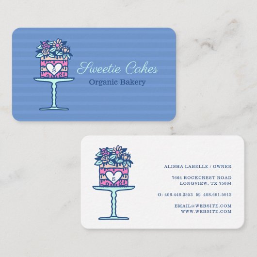 Bloemenstijl Bakery Cake & Stand Logo Blauw Visitekaartje (Voorkant / Achterkant)
