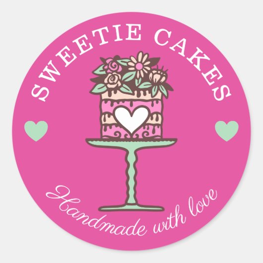 Bloemenstijl Bakery Cake & Stand Logo Roze Ronde Sticker (Voorkant)