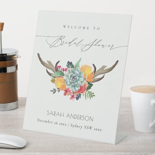 Bloemensucculent Antler Boho Welkom Vrijgezellenfe Reclamebord Met Voetstuk (Insitu)