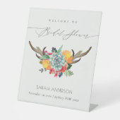 Bloemensucculent Antler Boho Welkom Vrijgezellenfe Reclamebord Met Voetstuk (Voorkant)