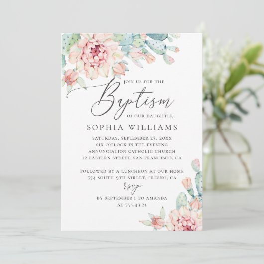 Bloemensucculente Waterverf | Elegante doop Kaart (Staand voorkant)