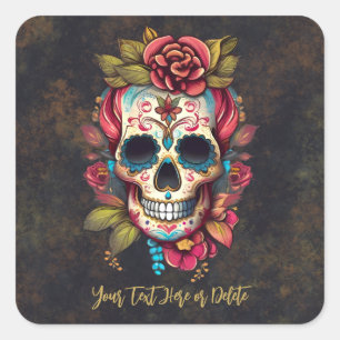 Bloemensuiker schedel Día de los Muertos Dank u Vierkante Sticker