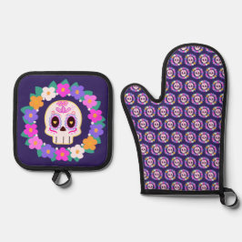 Bloemensuiker schedel ovenwant & pannenlap set